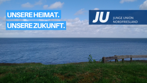 Blick vom Keitumer Kliff auf die Nordsee. Darüber das Logo und der Slogan der JU NF.
