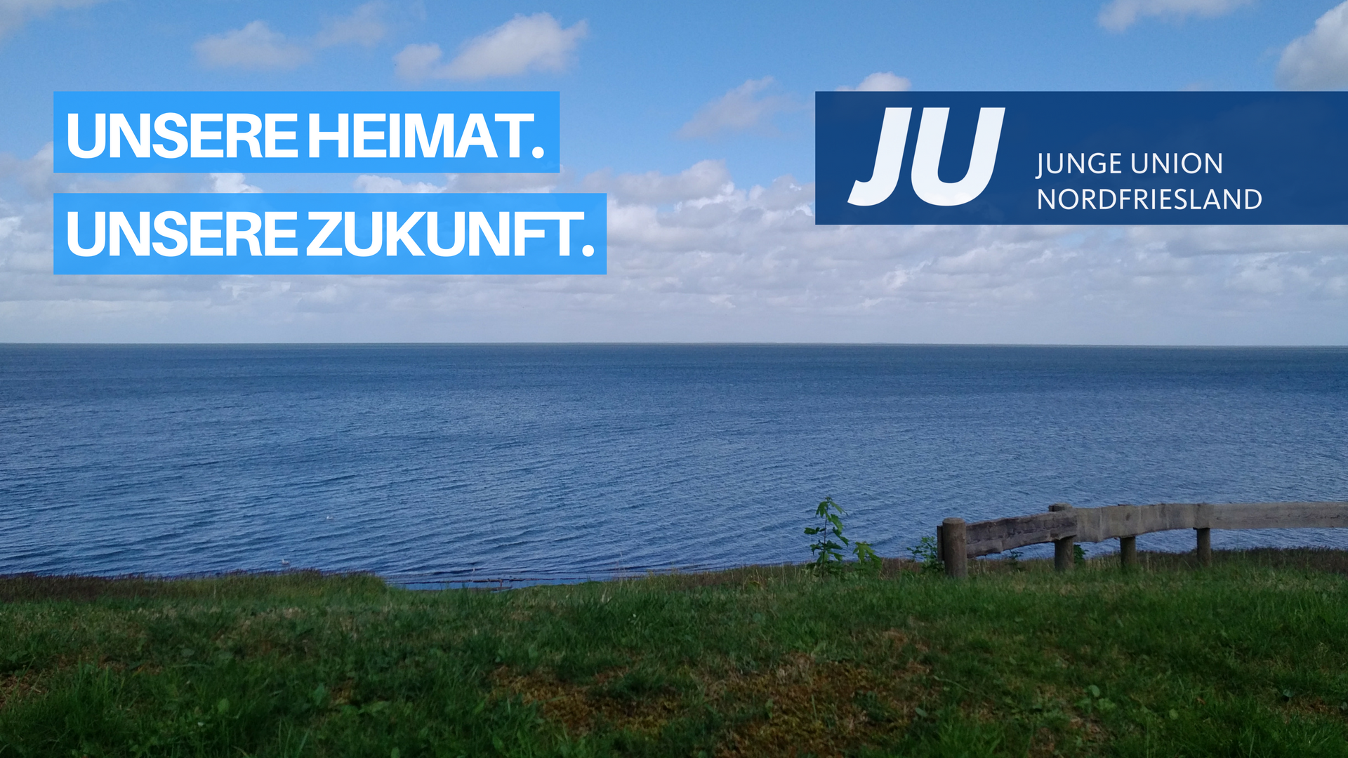 Blick vom Keitumer Kliff auf die Nordsee. Darüber das Logo und der Slogan der JU NF.